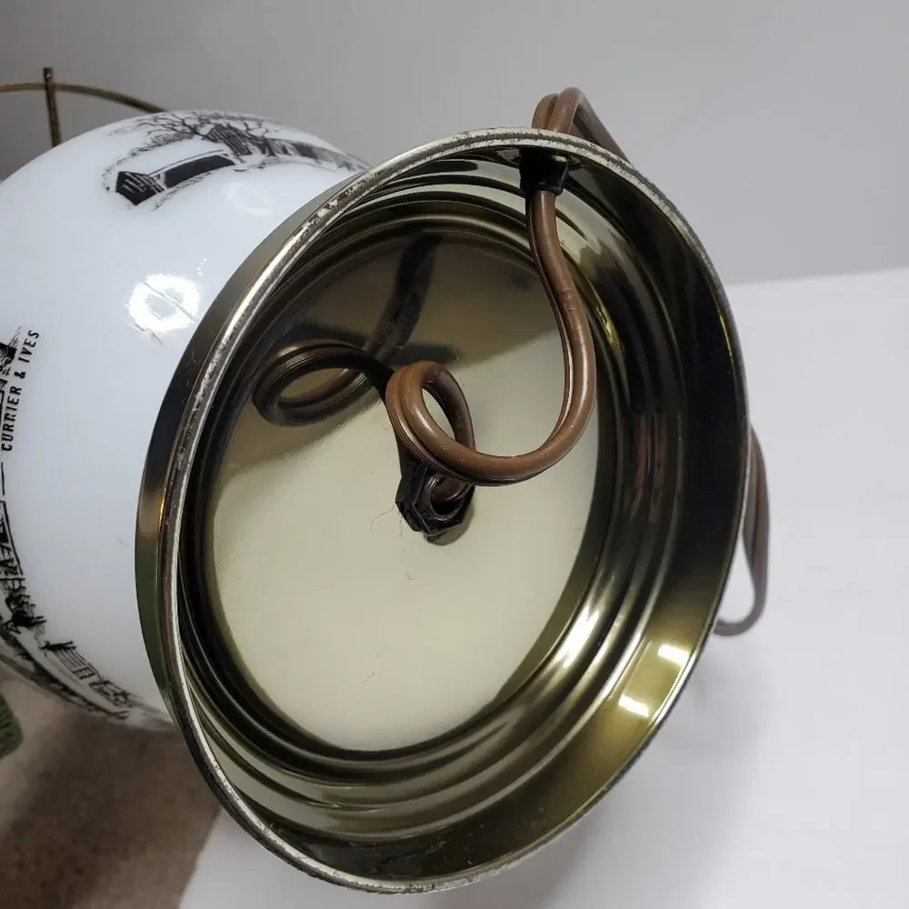 MILK GLASS LAMP by Currier and Ives, electrified and oil burning too, Farmhouse